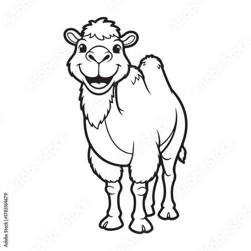 Cartoon camel outline standing smiling coloring page