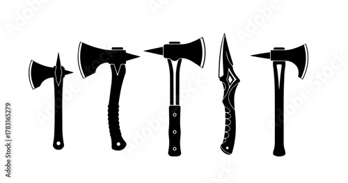 A striking vector collection of five black silhouettes, showcasing a variety of tactical axes, tomahawks, and an ornate dagger, isolated on white