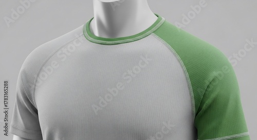 Two-Tone Raglan T-Shirt Mockup on Mannequin, Gray and Green.