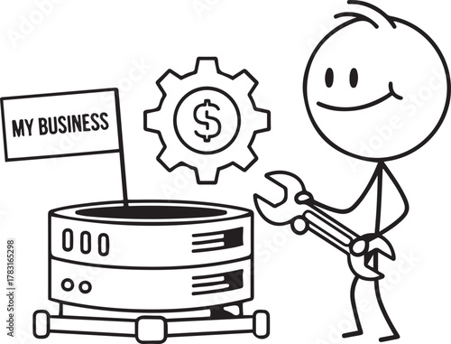 Stick figure with wrench fixing database server with my business flag and gear with dollar sign
