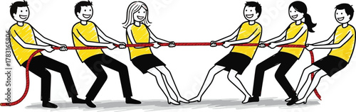Teamwork, Tauziehen, roter Faden. Female Teamwork and Tug of War Concept with Red Thread Symbolizing Connection and Collaboration