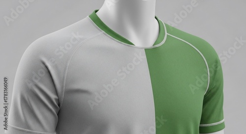 Two-Tone Sports Jersey on Mannequin - Green and Gray Athletic Apparel.