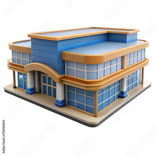 3d modern commercial building with large windows isolated on transparent background