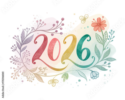 watercolor happy new year 2026 vector illustration isolated on white background
