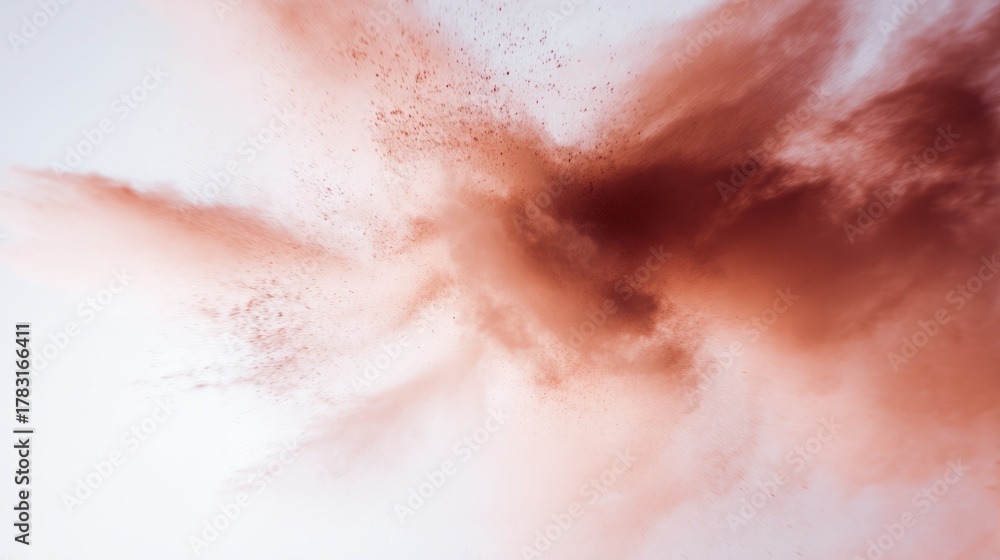 Fototapeta premium dispersion. Dynamic explosion of brown powder on white background, creating an artistic dispersion effect. menu design. 