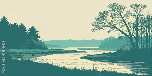 Εκτύπωση καμβά Serene River Landscape with Silhouetted Trees nature