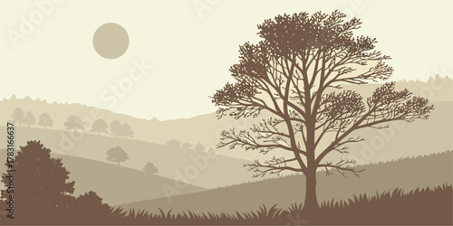 Sepia toned landscape with a large bare tree and rolling hills