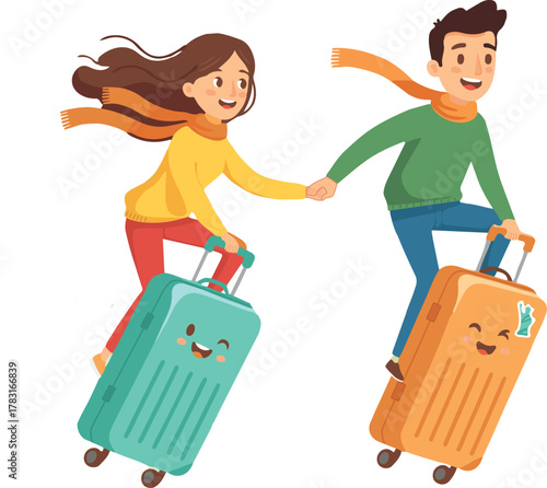Travelling Couple Riding Suitcases Adventure Concept for Vacation 