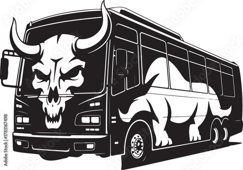 Cool bus with skull and triceratops graphics in black and white