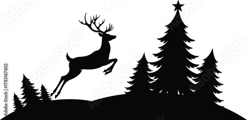 Christmas reindeer silhouette jumping in winter forest with pine trees and star, festive holiday season decoration, vector illustration, black and white design