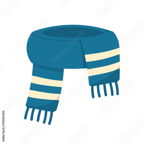 Isolated illustration of a cartoon blue winter woolen scarf with white stripes for winter and Christmas themed stickers, templates and image elements