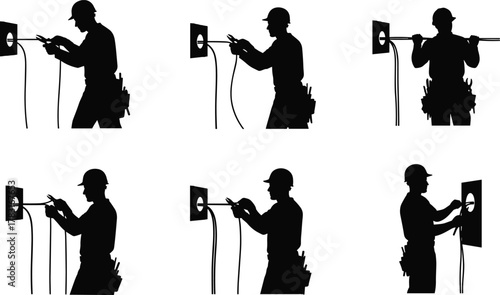 Electrician, wall outlet work, silhouette illustration, safety gear, hard hat, tool belt, wiring, black and white, vector, job, construction, repair