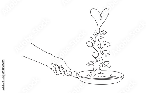 Continuous one line drawing of hand holding frying pan while tossing ingredients, symbolizing cokking with love, or joy and passion in the kitchen, single line art.