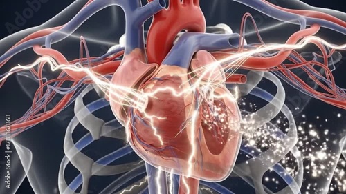 Medical 3D animation of a human heart experiencing a heart attack or cardiac arrest. Visualization of chaotic electrical impulses