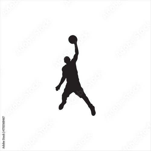 Jump man Silhouette Vector Icon – Dynamic Basketball Player in Mid-Air Slam Dunk Pose – Black Sports Symbol for Athletic Branding and Stock Use