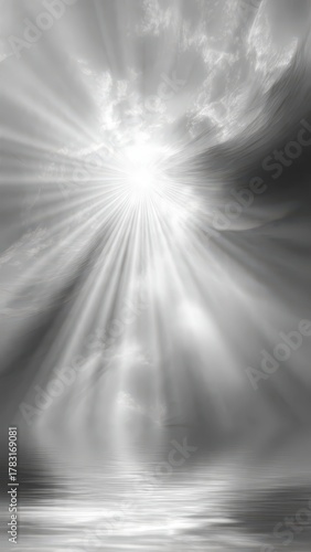 Ethereal Rays of Light Breaking Through Silver Fog in Dreamlike Scene