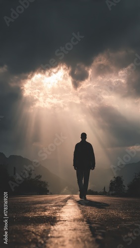 Lone Traveler Walking on Desolate Road with Golden Sunlight Breaking Through