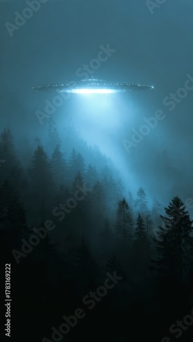 Glowing UFO Emerges from Thick Night Fog Above Dark Forest Landscape
