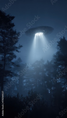 Glowing UFO Emerges From Thick Night Fog Above Dark Forest Scene