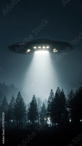 Mysterious UFO Emerging from Fog Above Dark Forest at Night