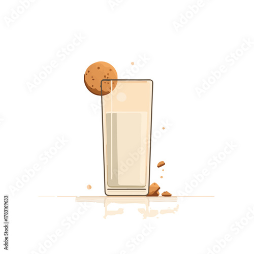 llustration of a Glass of Milk with Cookie in Minimalist Style