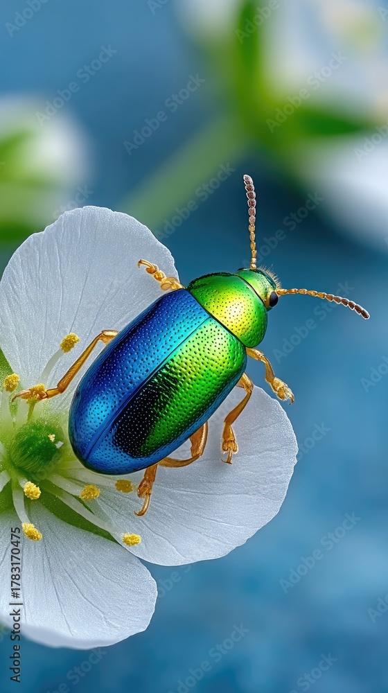 Fototapeta premium Detailed macro photograph captures a vibrant iridescent green and blue beetle resting on a delicate white flower petal with soft blue background bokeh and sharp focus on the insect and stamen.