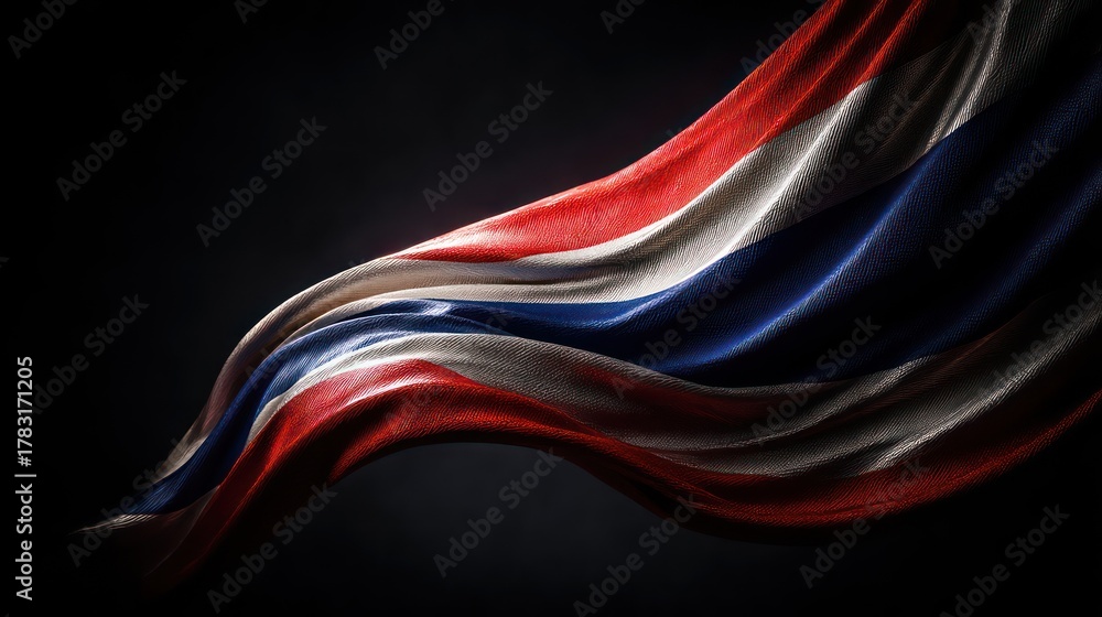 A Thailand flag folded into an elegant wave pattern positioned against a seamless dark background Controlled lighting produces