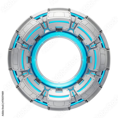 Futuristic scifi circular portal with glowing blue energy isolated on transparent background