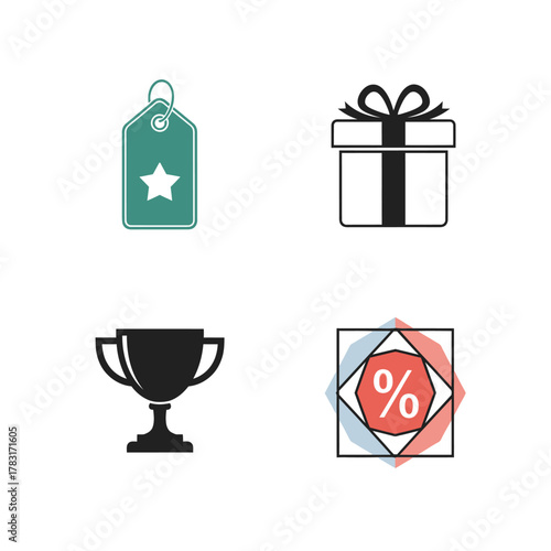Icons representing rewards, gifts, discounts, and achievements for business and marketing.
