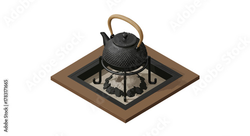 Isolated traditional japanese tetsubin cast iron teapot on tabletop warmer