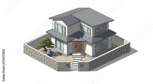 Isometric depiction of a contemporary two story home with bonsai garden