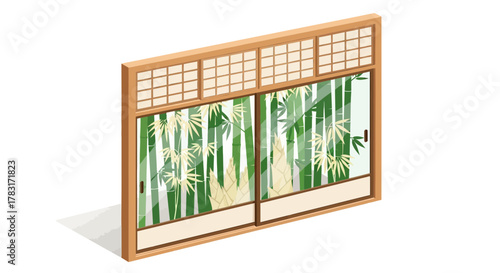 Isometric depiction of Japanese sliding doors with serene bamboo forest