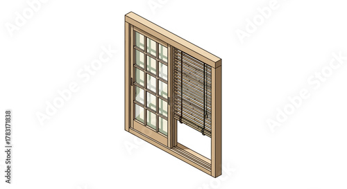 Isometric depiction of sliding glass doors with a bamboo blind detail