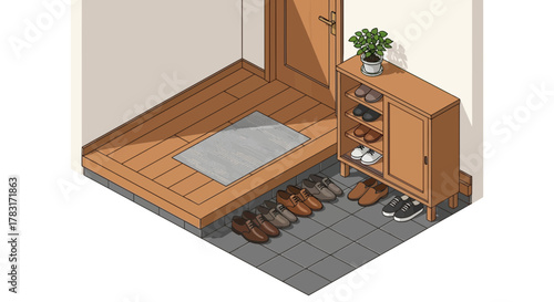 Isometric entrance hall illustration showcasing organization and neatness