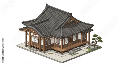 Isometric illustration featuring traditional japanese architectural style house