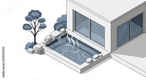 Isometric illustration of a modern outdoor hot spring spa retreat space