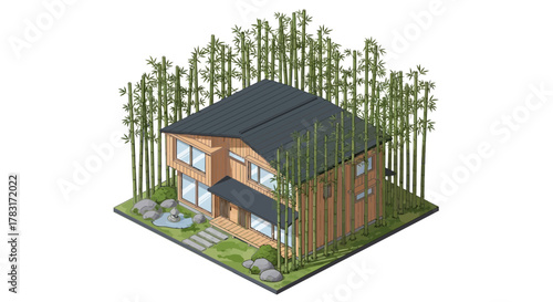 Isometric Illustration of a Modern House Surrounded by Bamboo Thickets