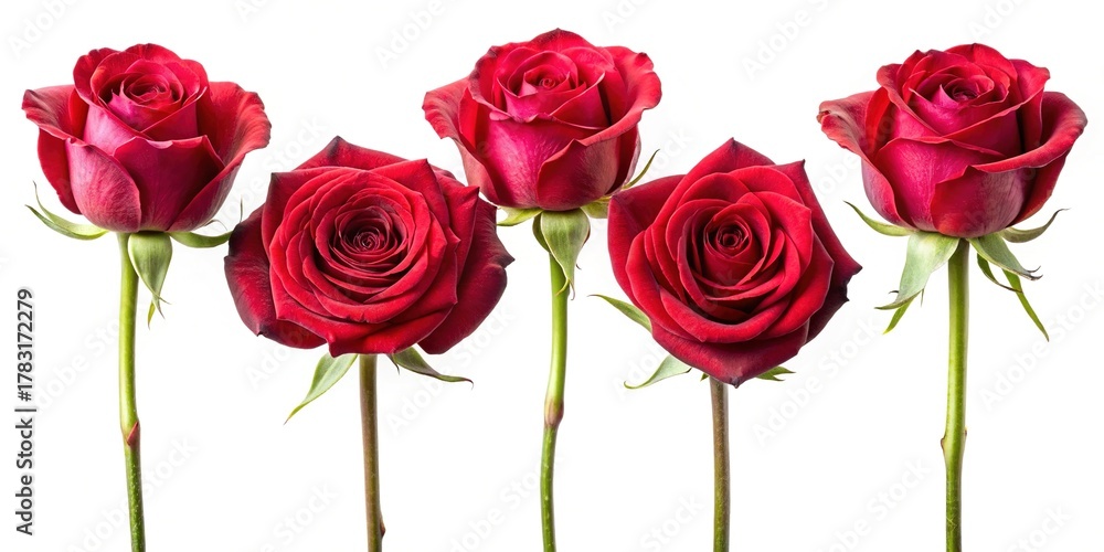 Fototapeta premium Five red rose flowers in a row beautiful blooms