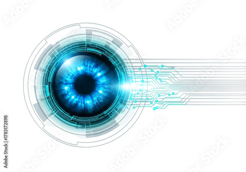 Futuristic blue eye with technological circuits and data streams, isolated on transparent background