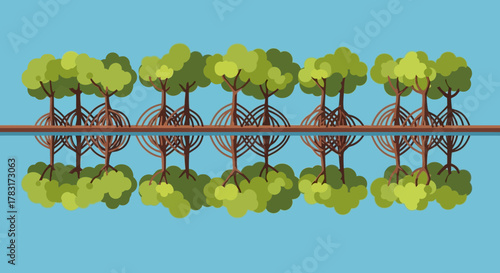 Mangrove Trees Reflected in Calm Water, Illustrating Coastal Ecosystems.