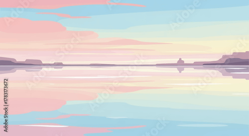 Pastel Lake Reflection Pixel Art Landscape.