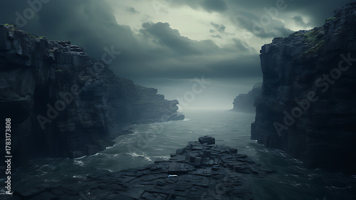 Dramatic seascape with rocky cliffs and stormy sky for a dark and moody scene