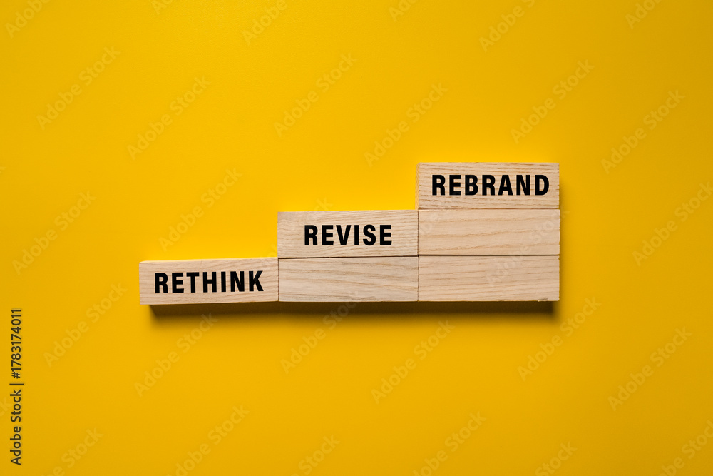 Ταπετσαρία rethink revise and rebrand words on wooden blocks isolated on yellow background