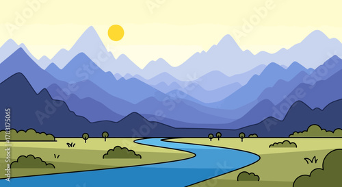 Serene Mountain Landscape with River and Sun, Vector Illustration.