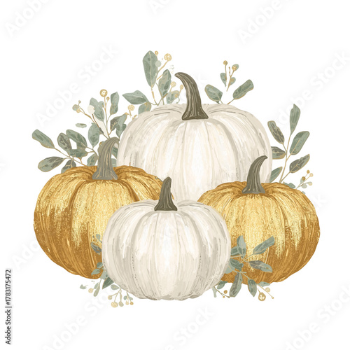 White and golden pumpkins with leaves elegant autumn harvest illustration on white background