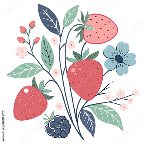 Strawberry plant with ripe berries green leaves and flowers botanical fruit illustration on white background