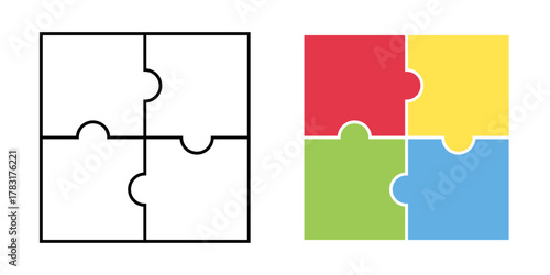 四角いパズル型図形のテンプレートセット　4ピースパズルプロセス図　黒(線画)　カラフル　ベクターイラスト