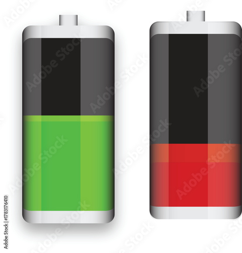 Battery level icons: green full charge, red low energy status. Vector