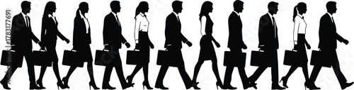 Business professionals walking, alternating genders, corporate silhouettes, formal attire, office culture, teamwork motion, vector illustration, workplace diversity, uniform movement