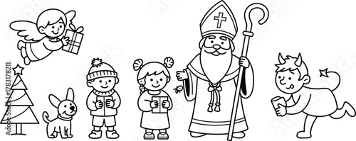 Christmas folklore illustration, Saint Nicholas, Krampus, angel with gifts, carol singing children, festive dog, decorated tree, winter scene, holiday tradition, black and white